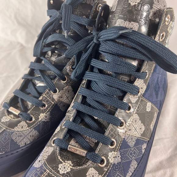 JIMMY CHOO Navy Blue Pattern Canvas Leather High Top Sneakers Marked as 45 12US - Picture 6 of 15